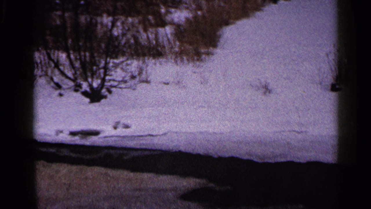 1960 Duluth winter frame showing a snowy bank, bare shrubs, and a dark water channel along the bottom of the 8mm frame.