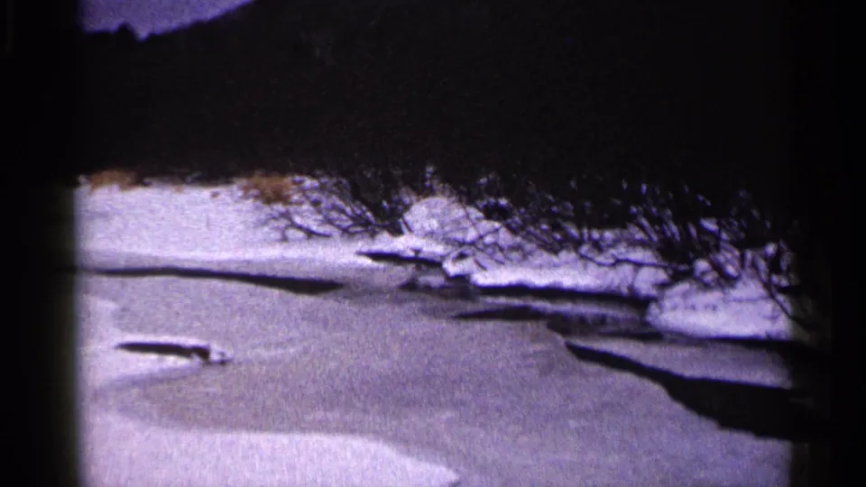 1960 Duluth winter home-movie frame of frozen water, snow-covered shoreline, bare brush, and shadowed ice.