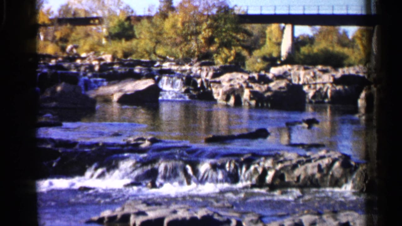 River water moving over rocks beneath a bridge with trees behind it.