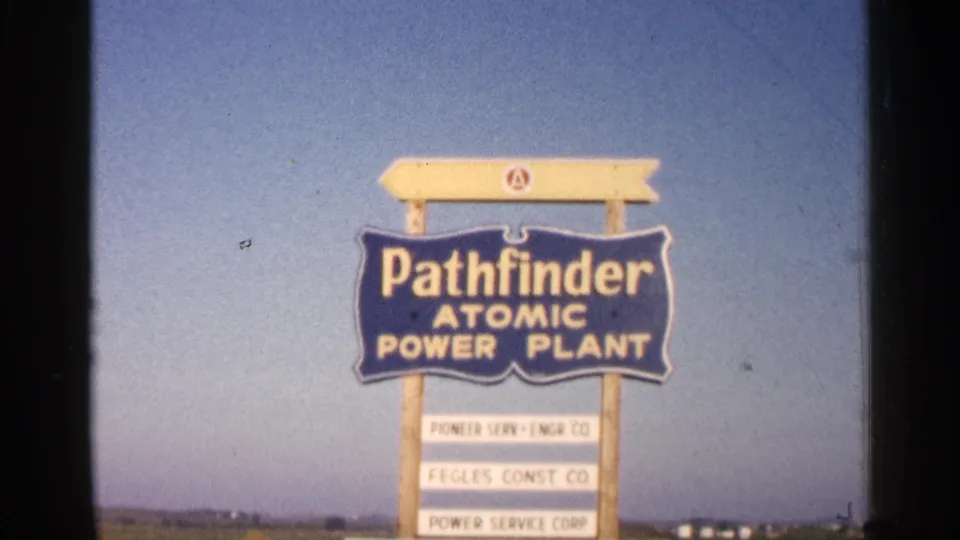 Sign for the Pathfinder Atomic Power Plant near Sioux Falls, with company names listed below the main signboard.