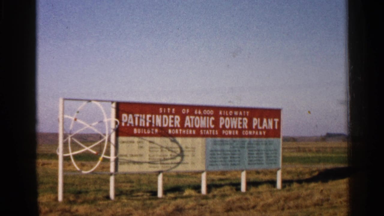 Large Pathfinder Atomic Power Plant site sign with atomic symbol.