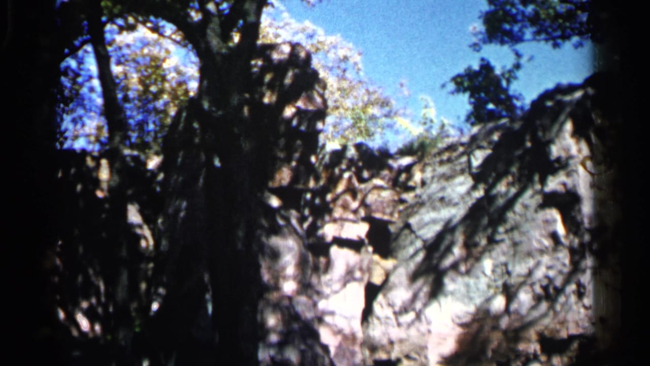 Grey rock formation partly shaded by trees with blue sky above.