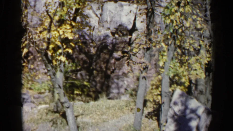 1960 8mm frame from Sioux Falls with trees in yellow foliage, grass, and large rocks during a slow pan.