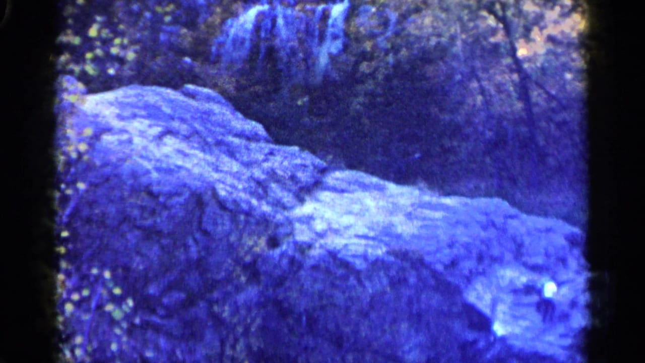 Blue-purple rock face and dark wooded background beside a waterfall area.