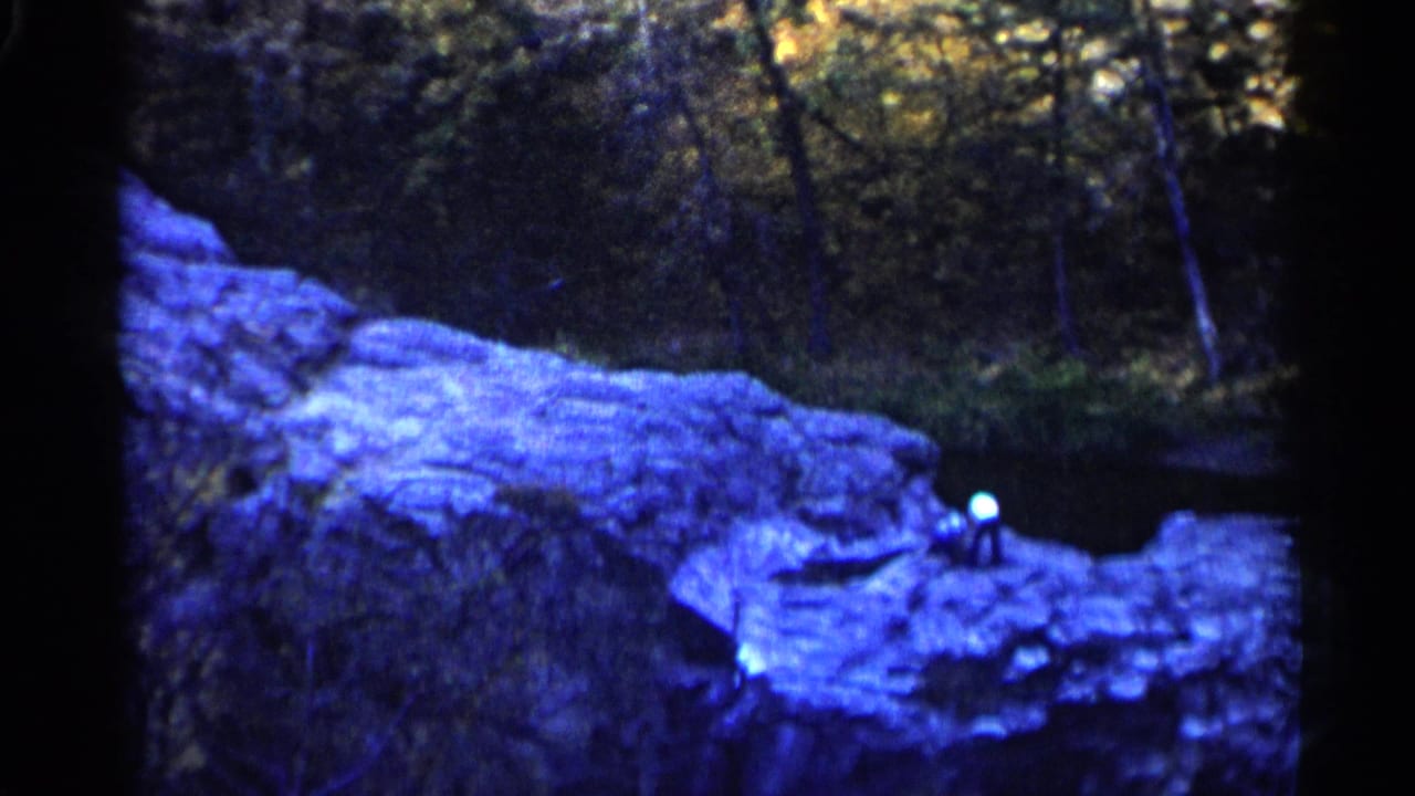 Person in a light hat standing on a large rock beside dark water in a wooded area.