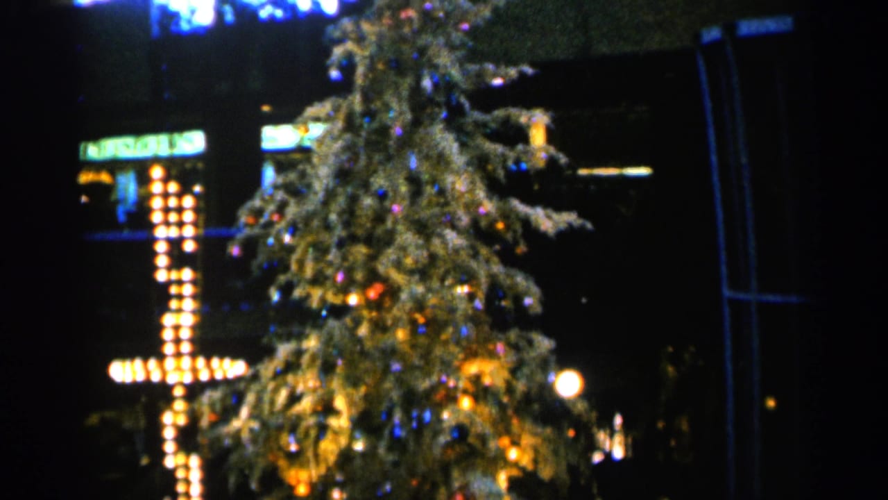 Lighted holiday tree and bulb cross seen against a dark night background.