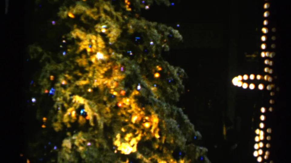 1960 Sioux Falls 8mm frame focused on the lower tree, with saturated yellow lights and dark negative space around the display.