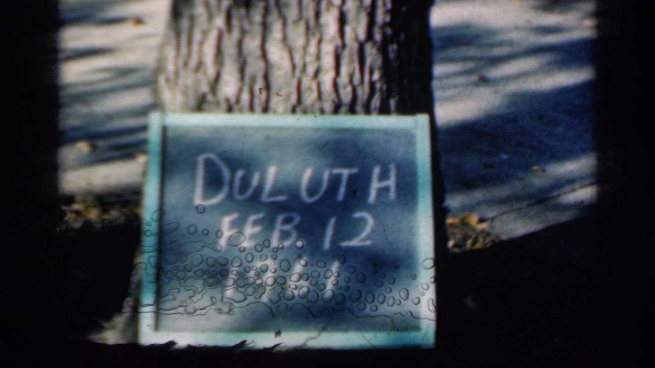 Second view of the Duluth Feb. 12 date sign against a tree with film marks visible.