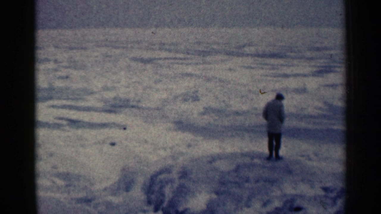 A solitary person in a light coat stands on a snowy expanse near a flat horizon.