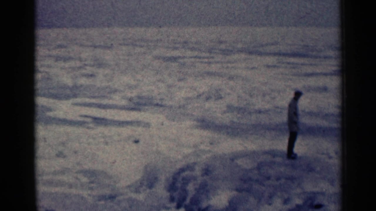 A person stands in profile on a snowy rise with a broad frozen-looking landscape behind them.
