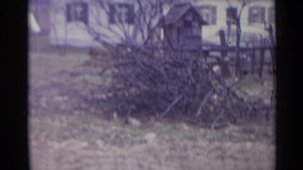 1961 Spain home-movie frame showing cut branches in a yard, a rough fence, bare trees, and a white house with shutters.