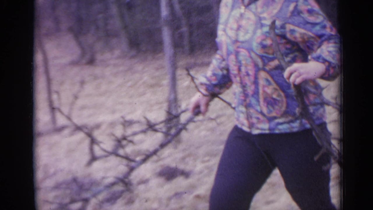 Close crop of a woman holding branches against dry ground.