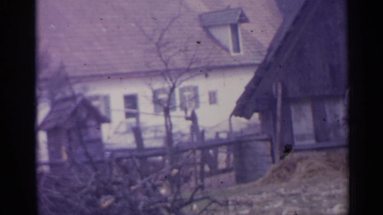 1961 Spain home-movie frame showing small rural farmhouses, a fence and bare trees in soft purple-tinted 8mm color.