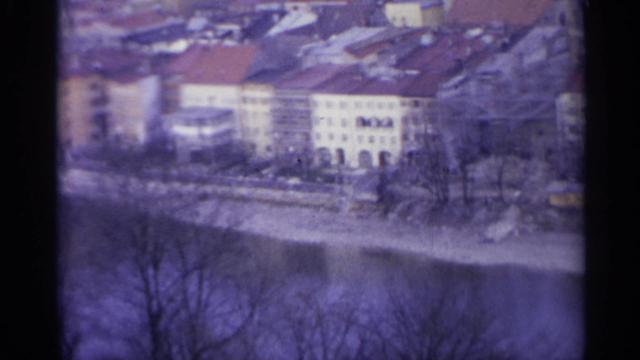 Soft 8mm view of pale riverside buildings, red roofs, bare trees and a calm river.
