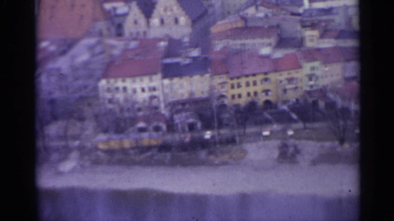 Elevated view of pastel town buildings with red roofs beside a quiet road and water edge.