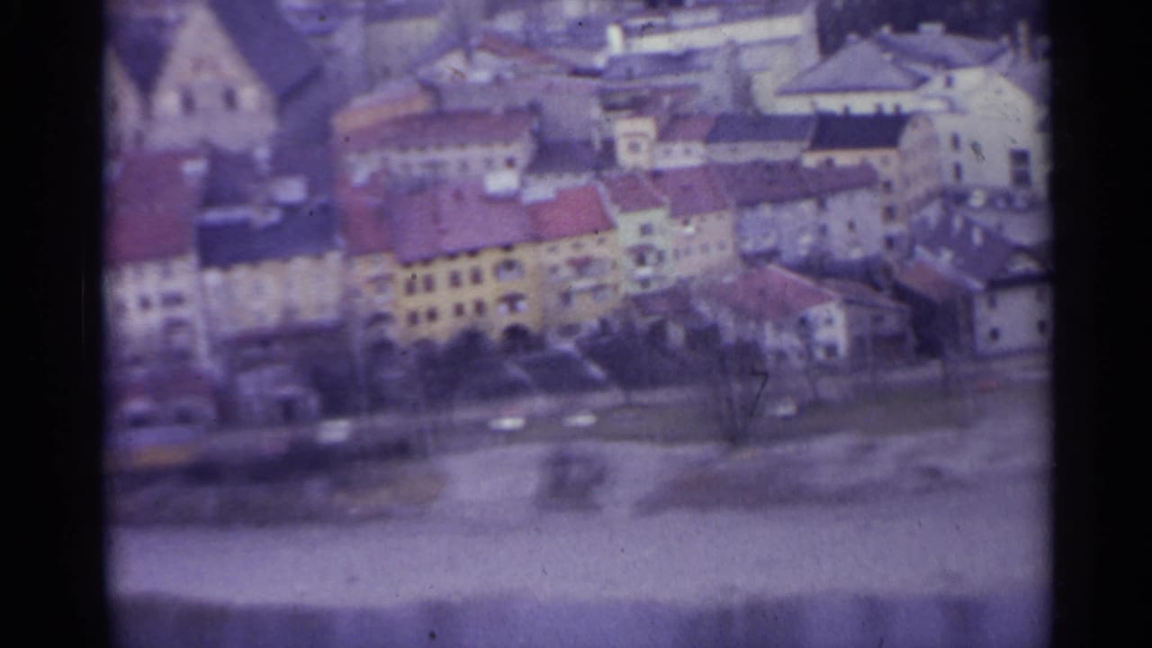Soft elevated town view with red roofs, pale buildings, bare trees, and a road near water.