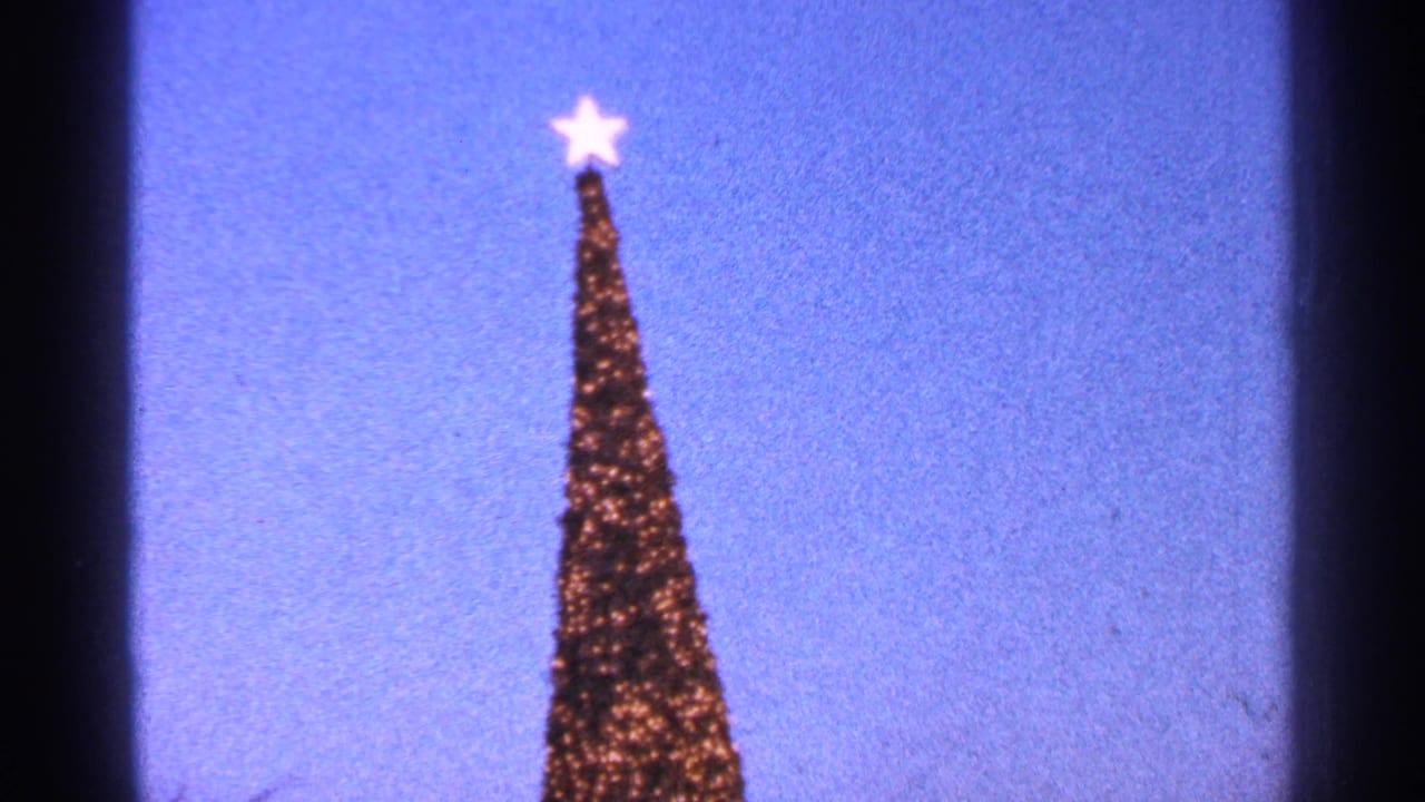 Tall lit Christmas tree with star topper against a blue twilight sky.