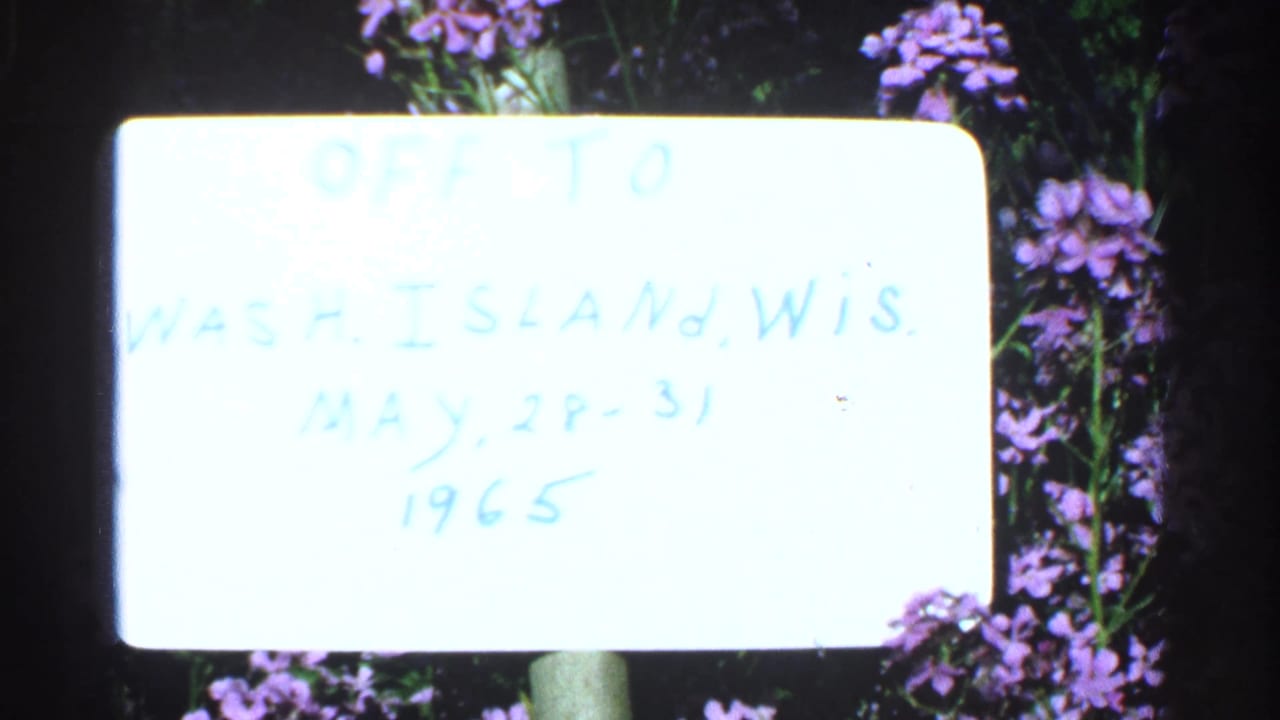 Soft 8mm frame of a white sign with faint blue writing about Washington Island, Wisconsin, surrounded by pink flowers.