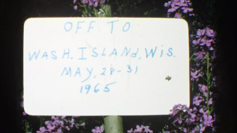 Handwritten white placard in blue ink announces a Washington Island, Wisconsin trip dated May 28-31, 1965, framed by pink flowers.