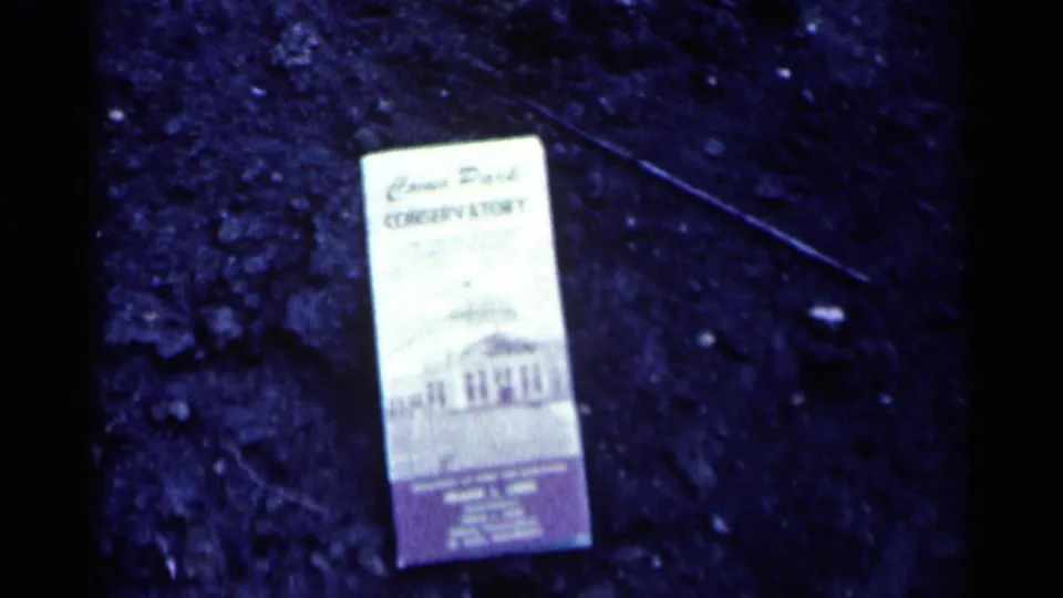 A close overhead 8mm view shows the Como Park Conservatory brochure against dark pavement, with faded purple-white graphics.