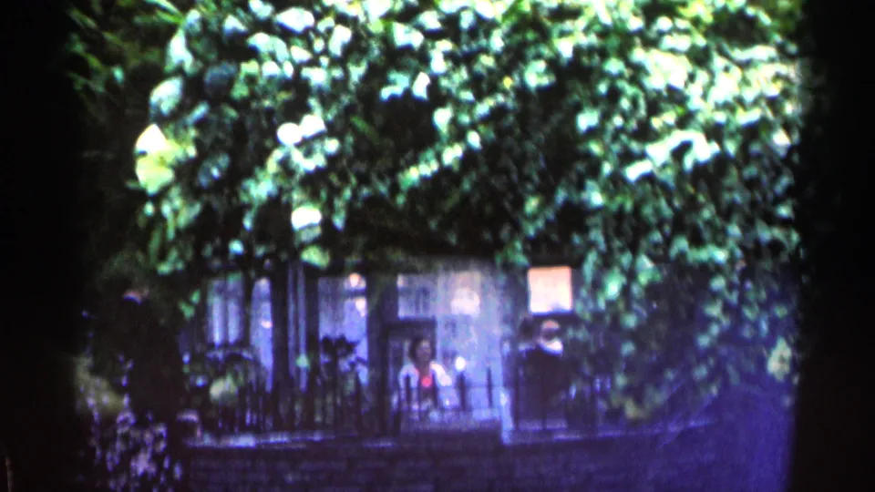 1964 Minnesota 8mm frame showing visitors near a railing in the greenhouse, partly framed by heavy foliage and dim interior light.