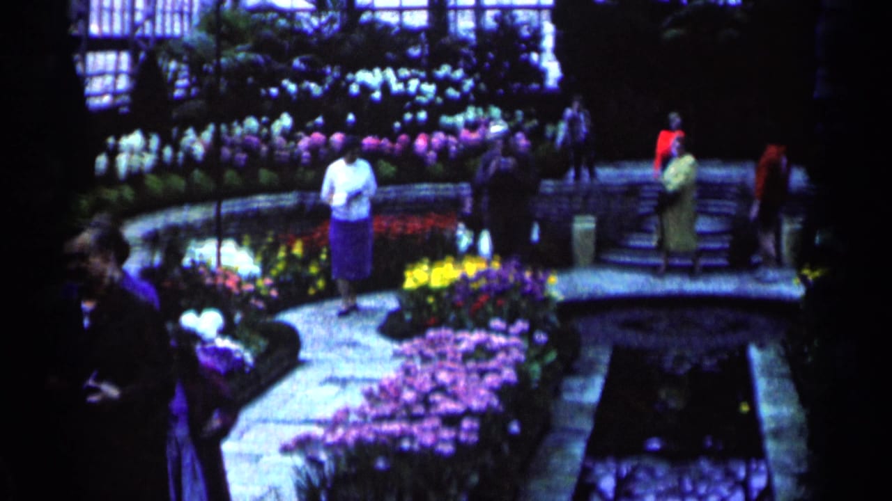 1964 Minnesota 8mm frame showing visitors among colorful flower beds, stone paths, steps, and a conservatory-like glass structure.