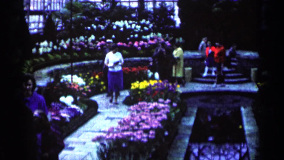 1964 home-movie frame of a woman on a stone garden path with bright flowers, water channels, and visitors near raised steps.