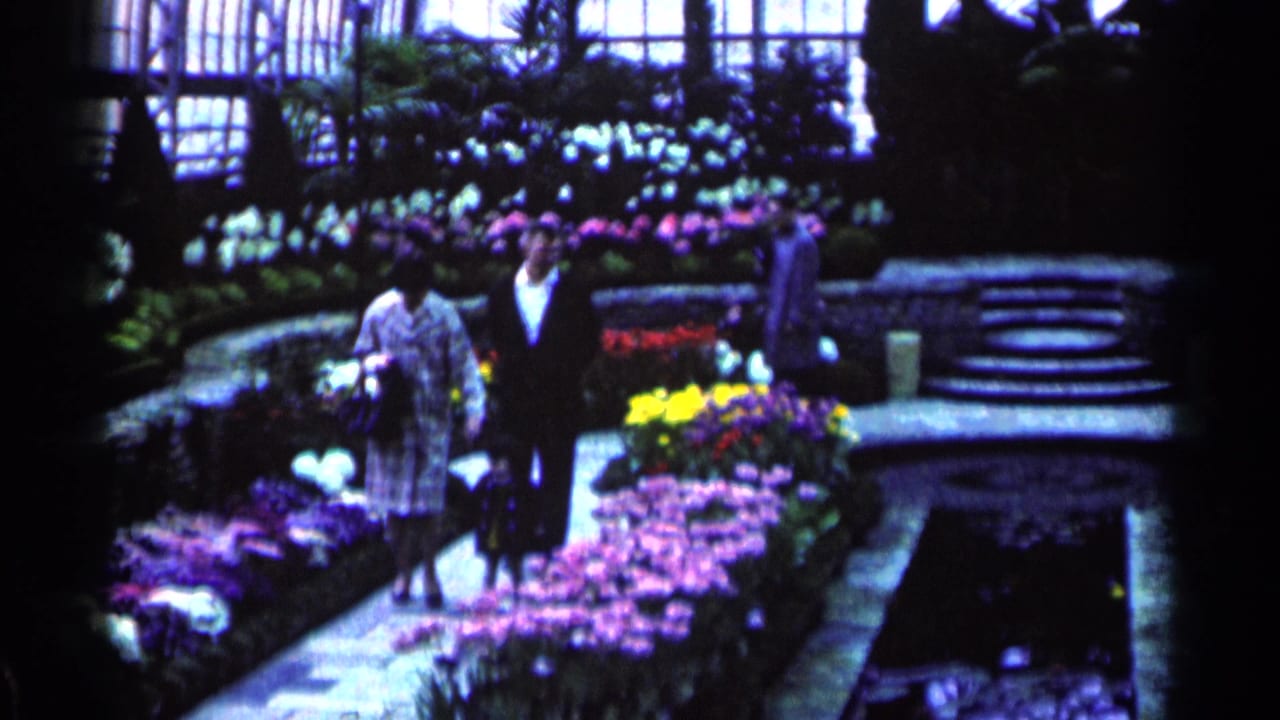 Two adults walk along a stone greenhouse path beside colorful flower beds.