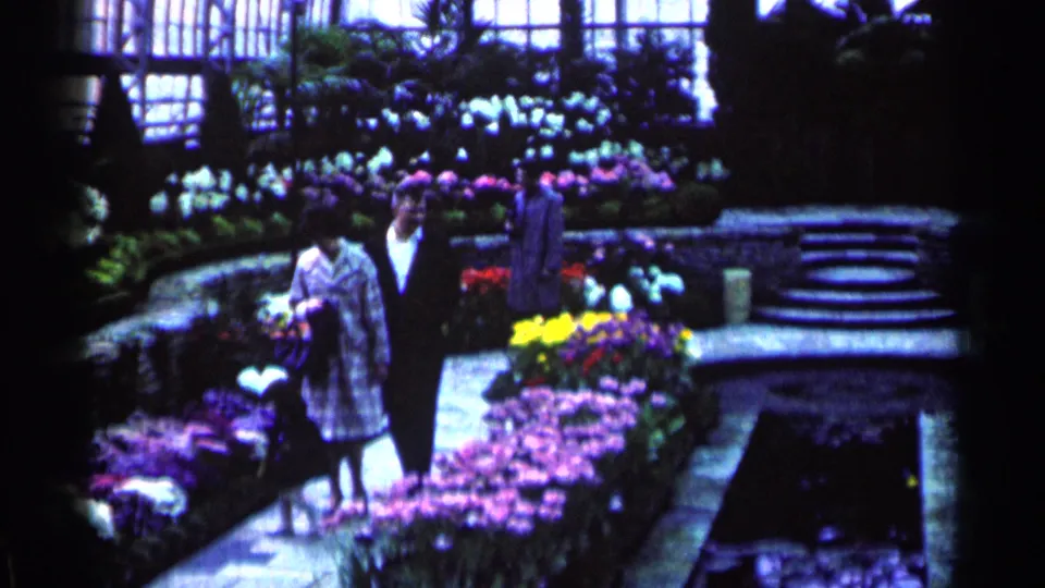 The pair pause or slow on the greenhouse walkway, with raised flower beds, glass windows, and steps visible around them.