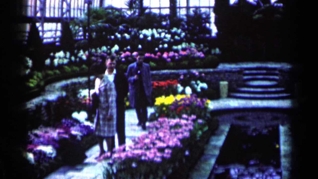 Adults walk along stone paths between colorful indoor flower beds.