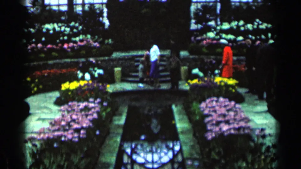 Inside the Minnesota conservatory, visitors move along stone paths between bright flower displays and a narrow reflecting pool.