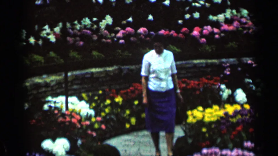 Close 1964 Minnesota home-movie frame of a woman on a garden walkway with yellow, pink, and white blooms nearby.
