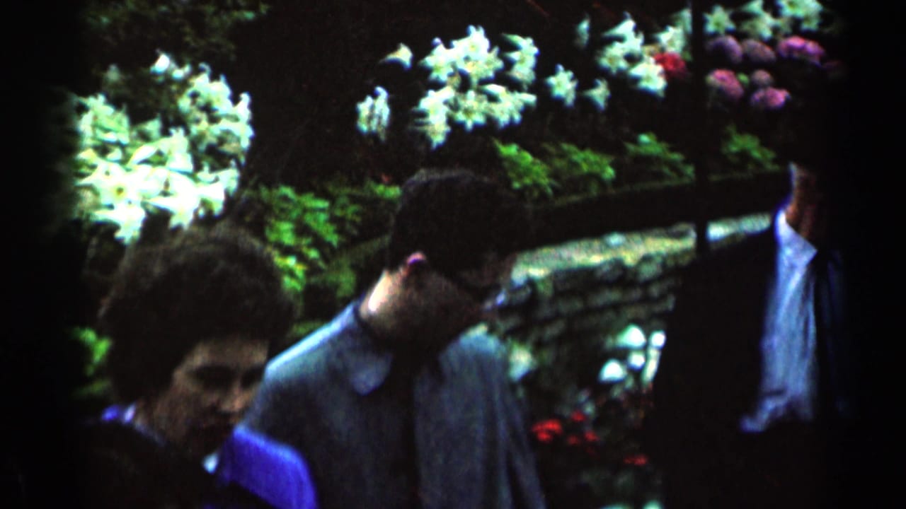 1964 Minnesota home-movie frame of adults walking through a lush garden, partly obscured by low light and film softness.