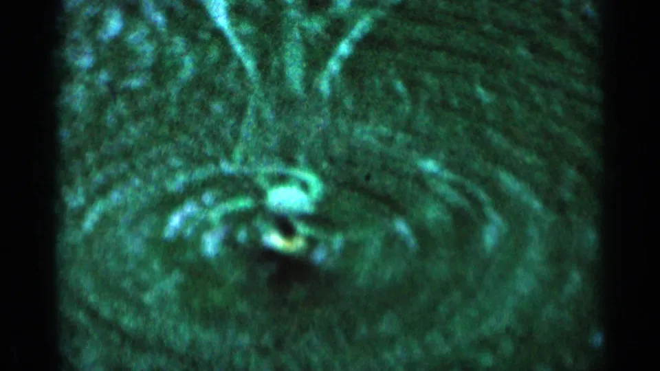 Green-tinted 1964 Minnesota home-movie frame of a rotating sprinkler spreading water across a lawn.