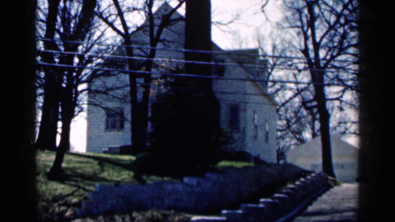 White clapboard house partly obscured by bare trees and utility lines.