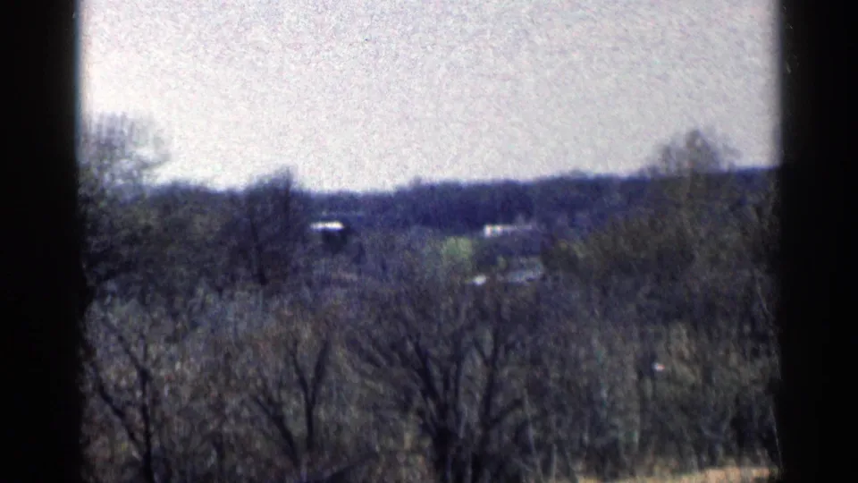 1964 Minnesota 8mm frame showing a distant wooded yard or field with bare branches, open grass, and bright sky.