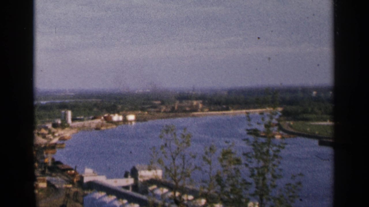 Elevated view of a waterway bordered by trees and distant industrial buildings.