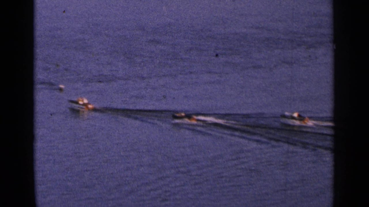 Small motorboats cross open blue water, leaving long white wakes behind them.