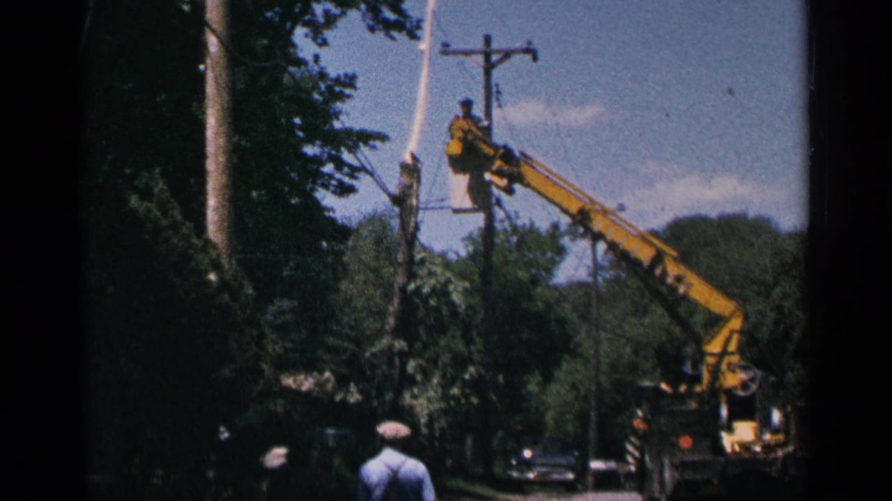 Utility worker in a yellow crane bucket beside a pole and overhead wires.
