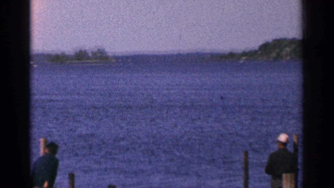 1964 Minnesota lakefront view with a person near dock pilings and open water stretching toward tree-covered land.
