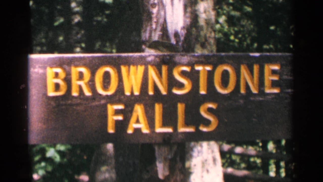Wooden sign reading Brownstone Falls among trees.