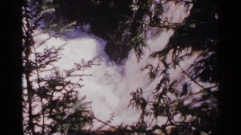 Supplied 1964 Minnesota 8mm frame of a cascade framed by evergreen branches and dark rock.