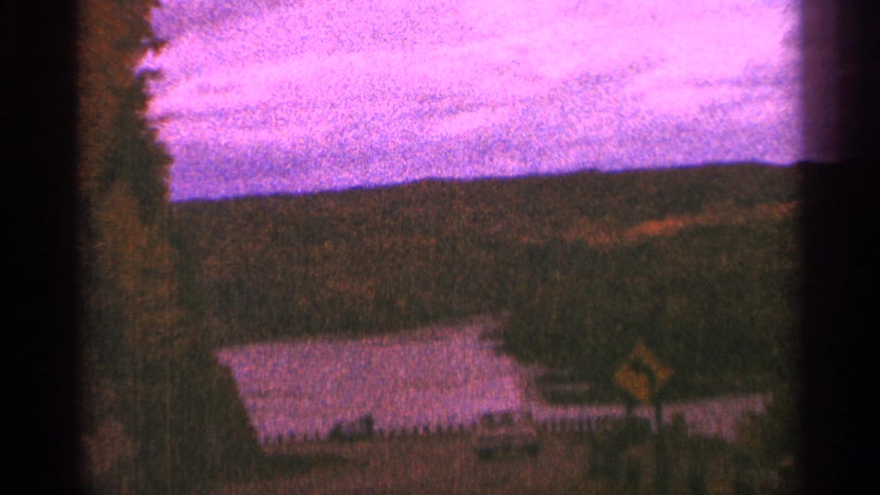 Winding road beside trees with water and wooded hills beyond.