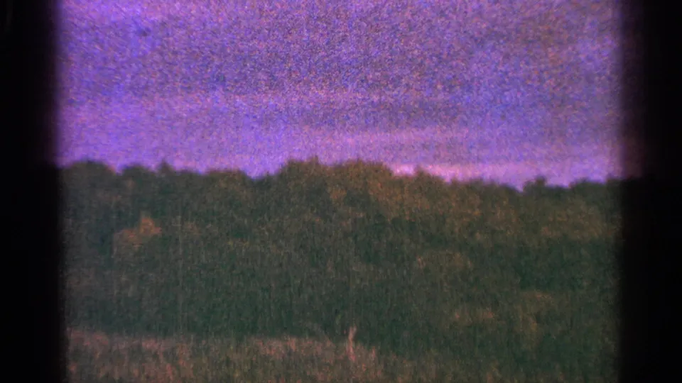 Grainy 1964 Minnesota 8mm view of a dark wooded horizon below a purple-toned sky.