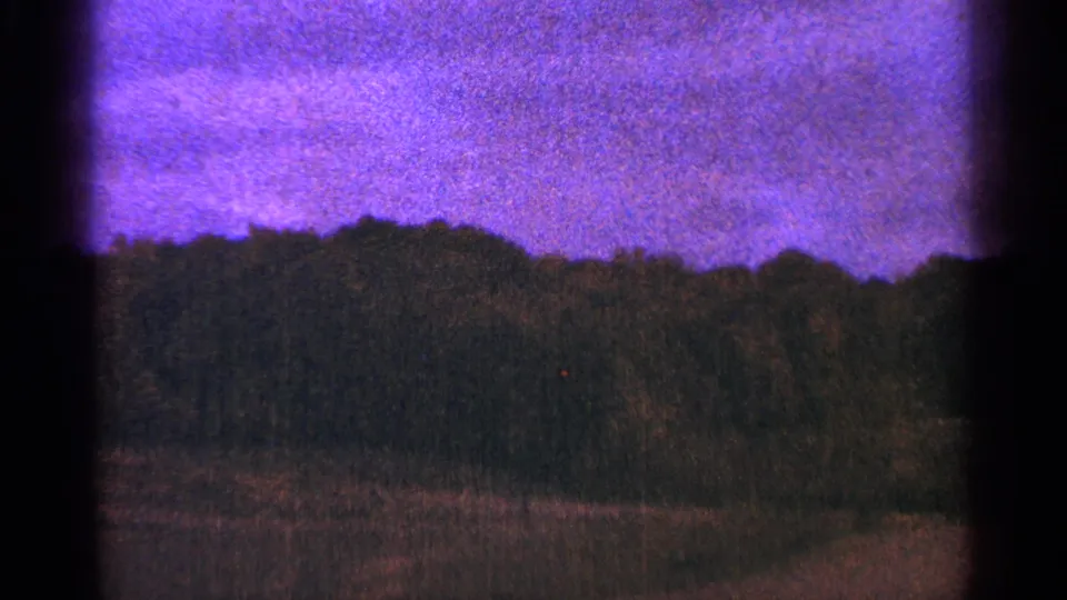 1964 Minnesota 8mm frame of a low treeline and dark foreground grass, rendered with purple color shift and grain.