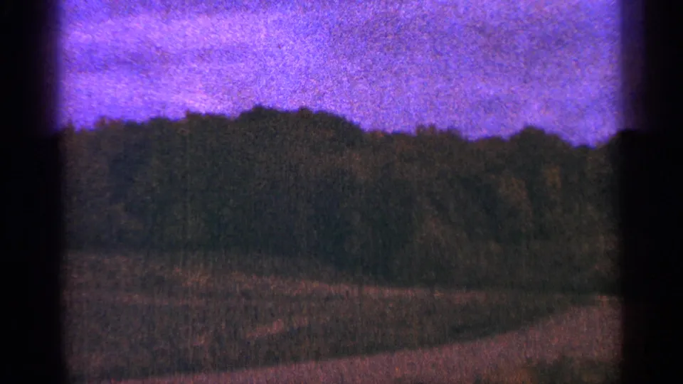 1964 Minnesota 8mm landscape frame showing wooded horizon, brushy field, purple sky, and a pale ground strip at lower right.
