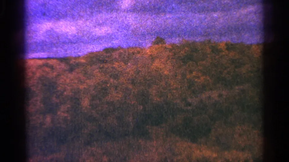 1964 Minnesota 8mm frame showing a wooded field or low hillside beneath a pale sky.