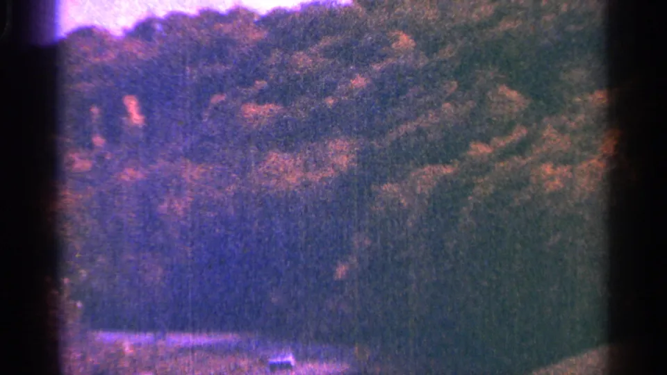 1964 Minnesota 8mm frame showing a forested slope with a pale horizontal band near the bottom and darkened film edges.