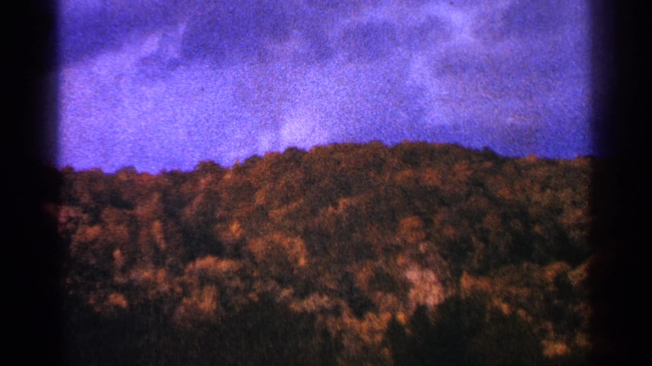 Forested hillside beneath a purple-blue sky, framed by dark film edges.