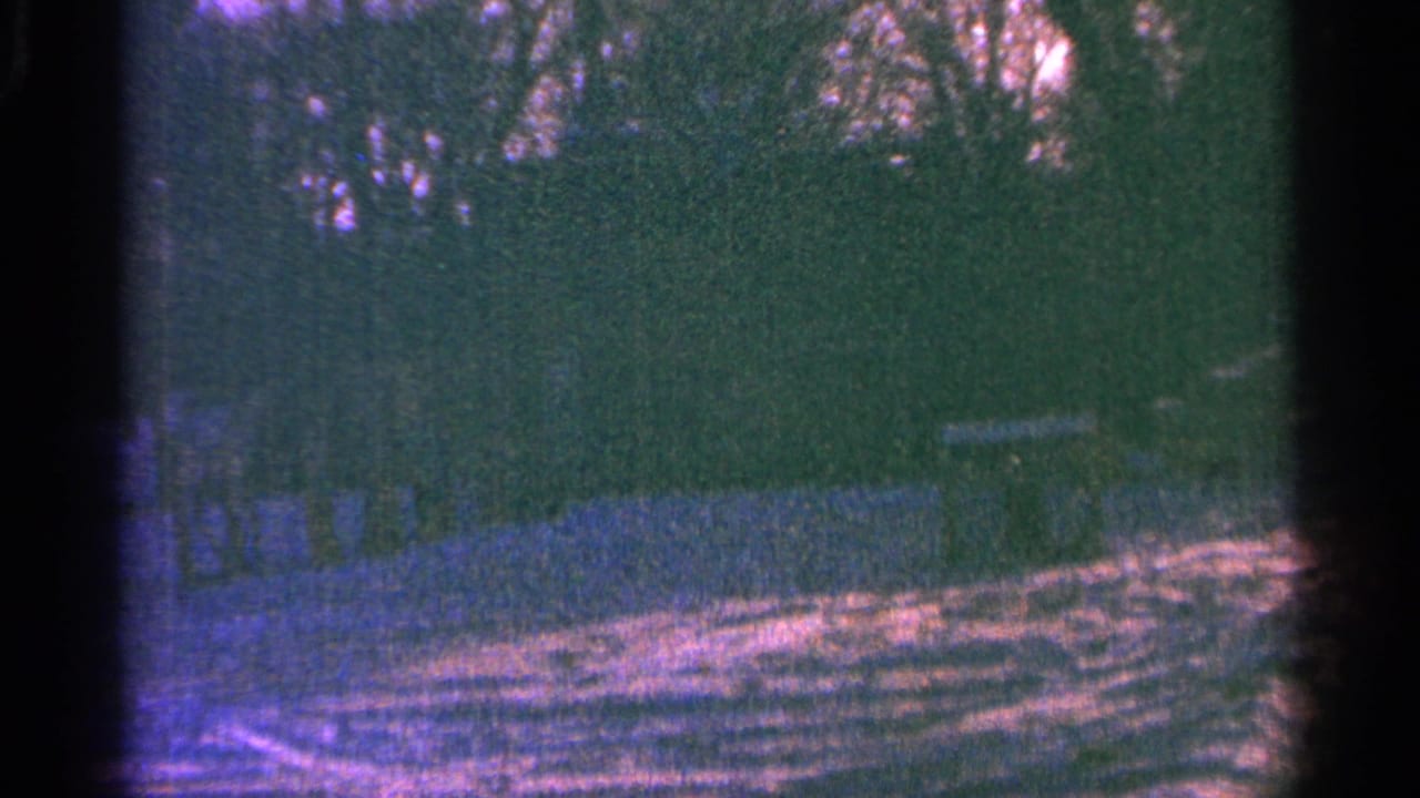 Snowy outdoor landscape with trees and a small distant structure, heavily grainy and purple tinted.